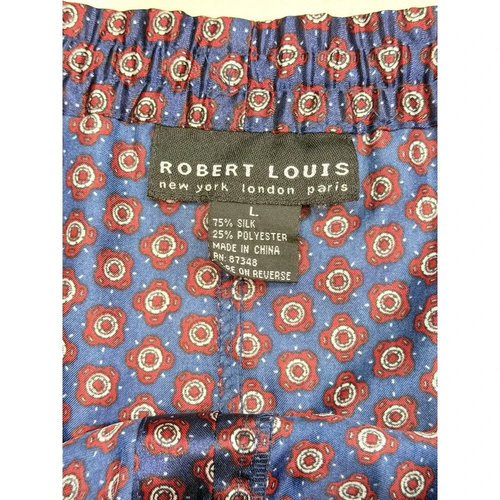 Robert Louis Men's Large Silk Blend Pajama Set Blue Red Print Button Front